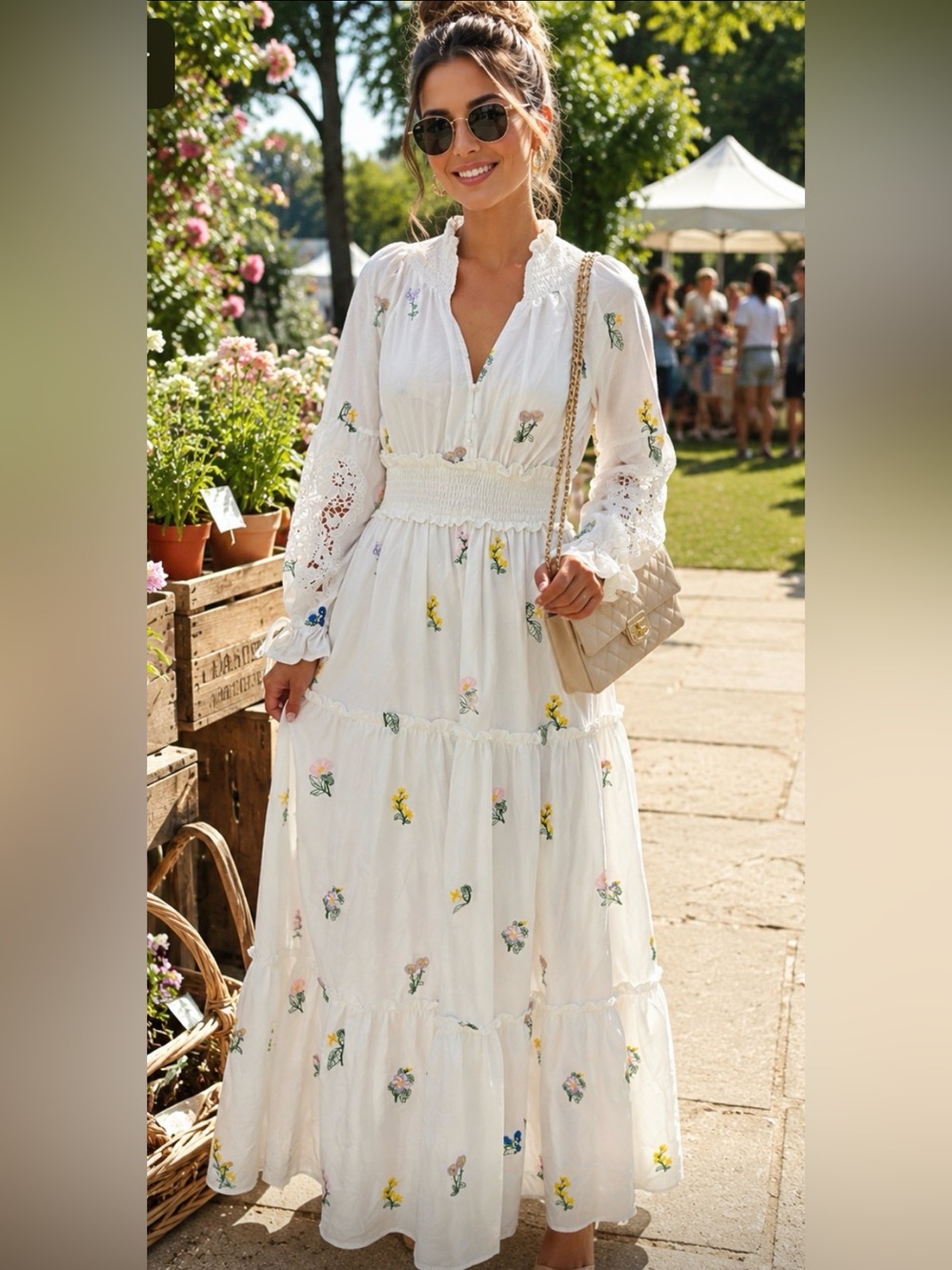 Will be up for a week White Floral Tiered Maxi Dress with Smocked Waist